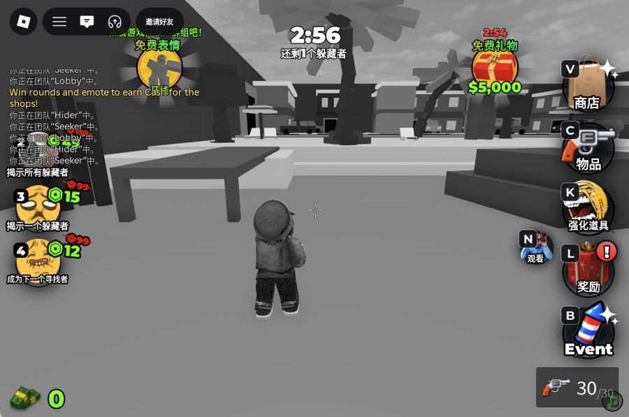 Paint To Hide seeker view: the 3D world renders in grayscale while hunting painted hiders